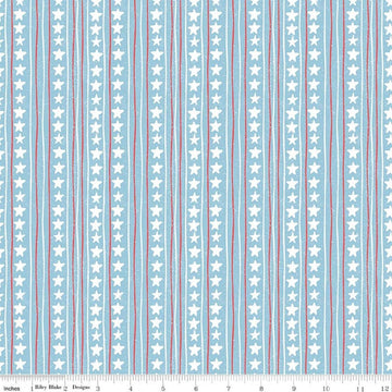 Image of Firework Fields Stars and Stripes Blue quilting cotton fabric by Gracey Larson for Riley Blake Designs. Features stripes on a blue background. Cute Little Fabric Shop.