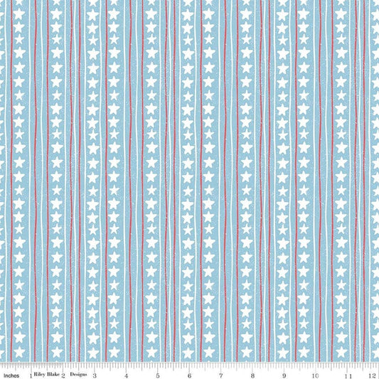 Image of Firework Fields Stars and Stripes Blue quilting cotton fabric by Gracey Larson for Riley Blake Designs. Features stripes on a blue background. Cute Little Fabric Shop.