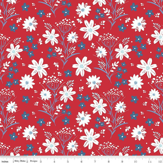 Image of Firework Fields Main Red quilting cotton fabric by Gracey Larson for Riley Blake Designs. Features flowers on a red background. Cute Little Fabric Shop.