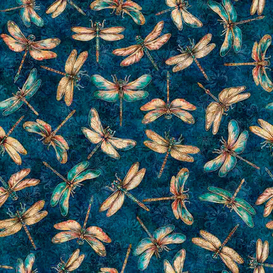 Image of Serenity Dragonflies Navy quilting cotton fabric by Morris Creative Group for QT Fabrics. Features dragonflies on a blue background. Cute Little Fabric Shop