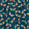 Image of Serenity Dragonflies Navy quilting cotton fabric by Morris Creative Group for QT Fabrics. Features dragonflies on a blue background. Cute Little Fabric Shop