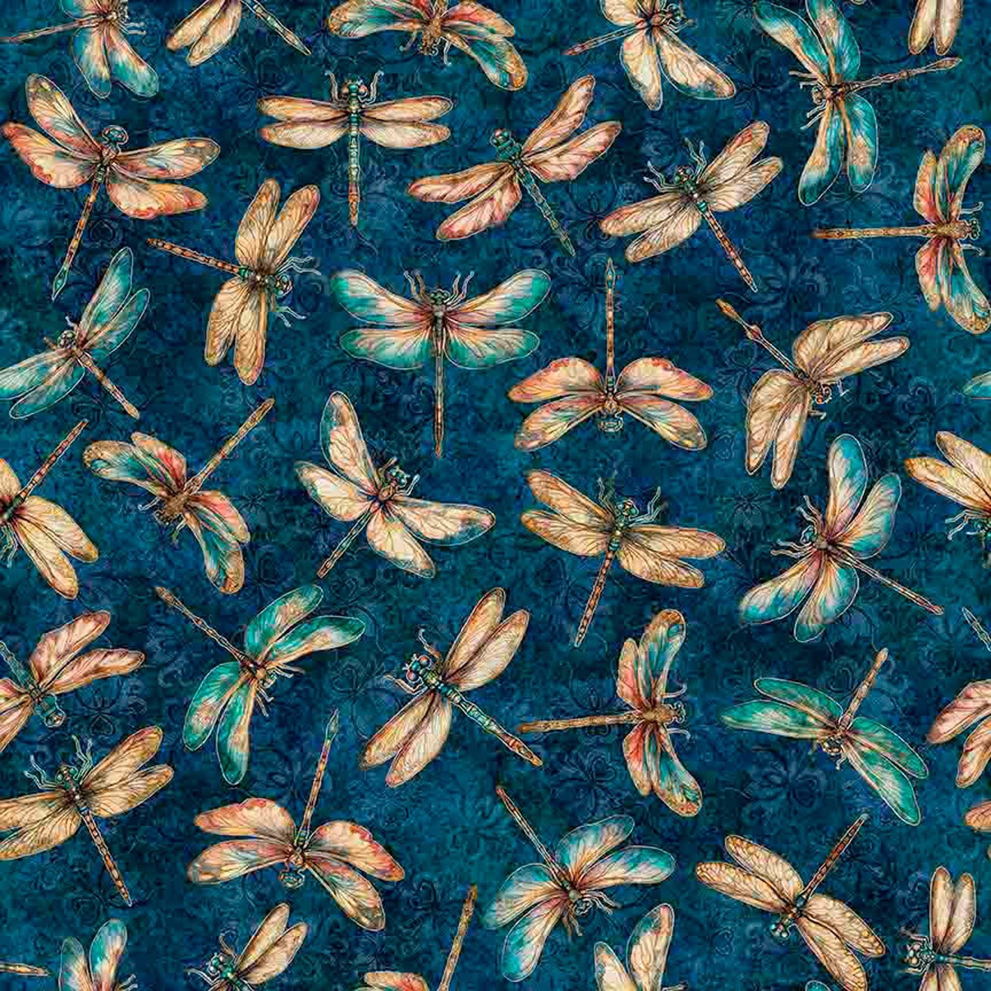 Image of Serenity Dragonflies Navy quilting cotton fabric by Morris Creative Group for QT Fabrics. Features dragonflies on a blue background. Cute Little Fabric Shop