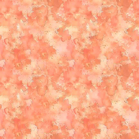 Image of Serenity Mottled Blender Peach quilting cotton fabric by Morris Creative Group for QT Fabrics. Features flowers on an orange background. Cute Little Fabric Shop