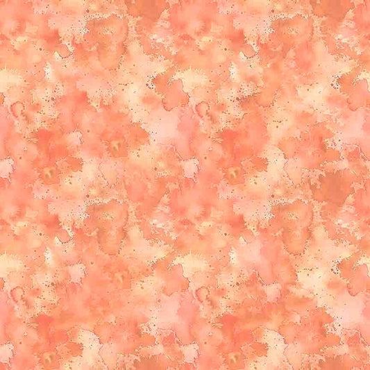 Image of Serenity Mottled Blender Peach quilting cotton fabric by Morris Creative Group for QT Fabrics. Features flowers on an orange background. Cute Little Fabric Shop