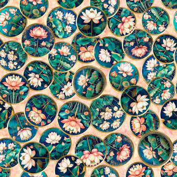 Image of Serenity Lotus Circle Vignettes Pale Peach quilting cotton fabric by Morris Creative Group for QT Fabrics. Features flowers on a cream background. Cute Little Fabric Shop