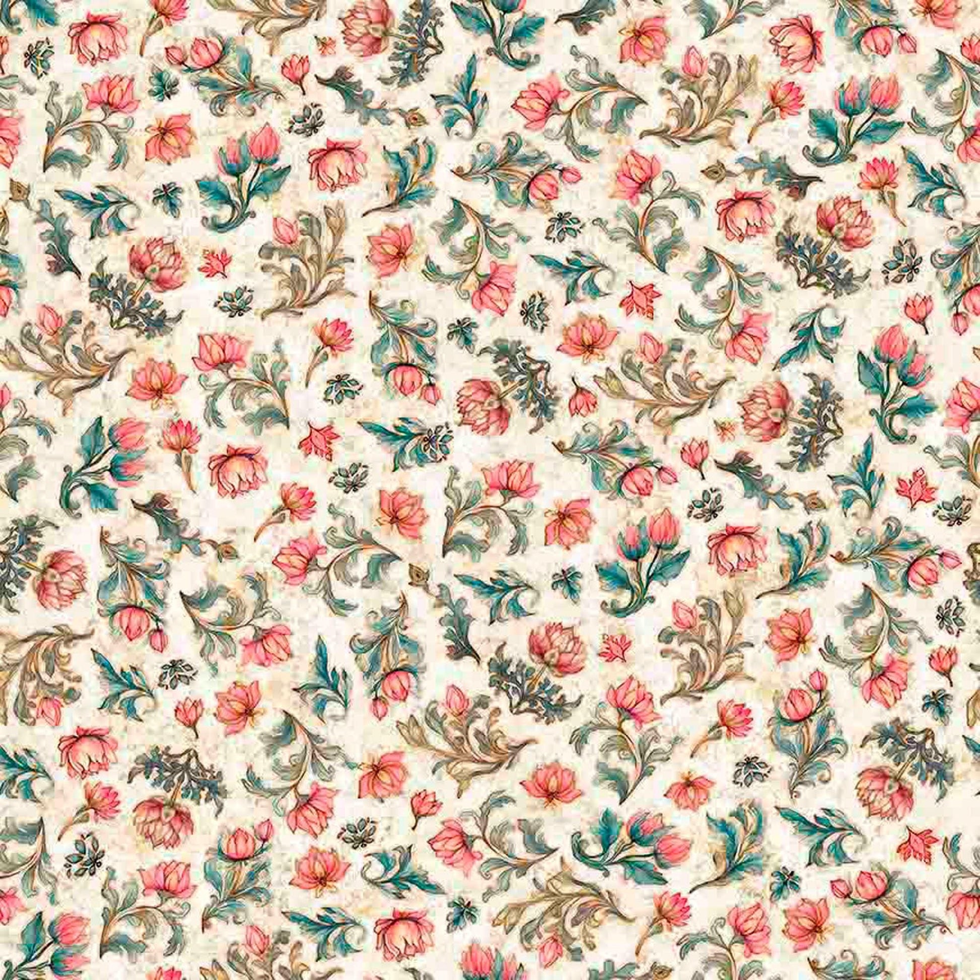 Image of Serenity Lotus Flower Toss Oatmeal quilting cotton fabric by Morris Creative Group for QT Fabrics. Features flowers on a cream background. Cute Little Fabric Shop