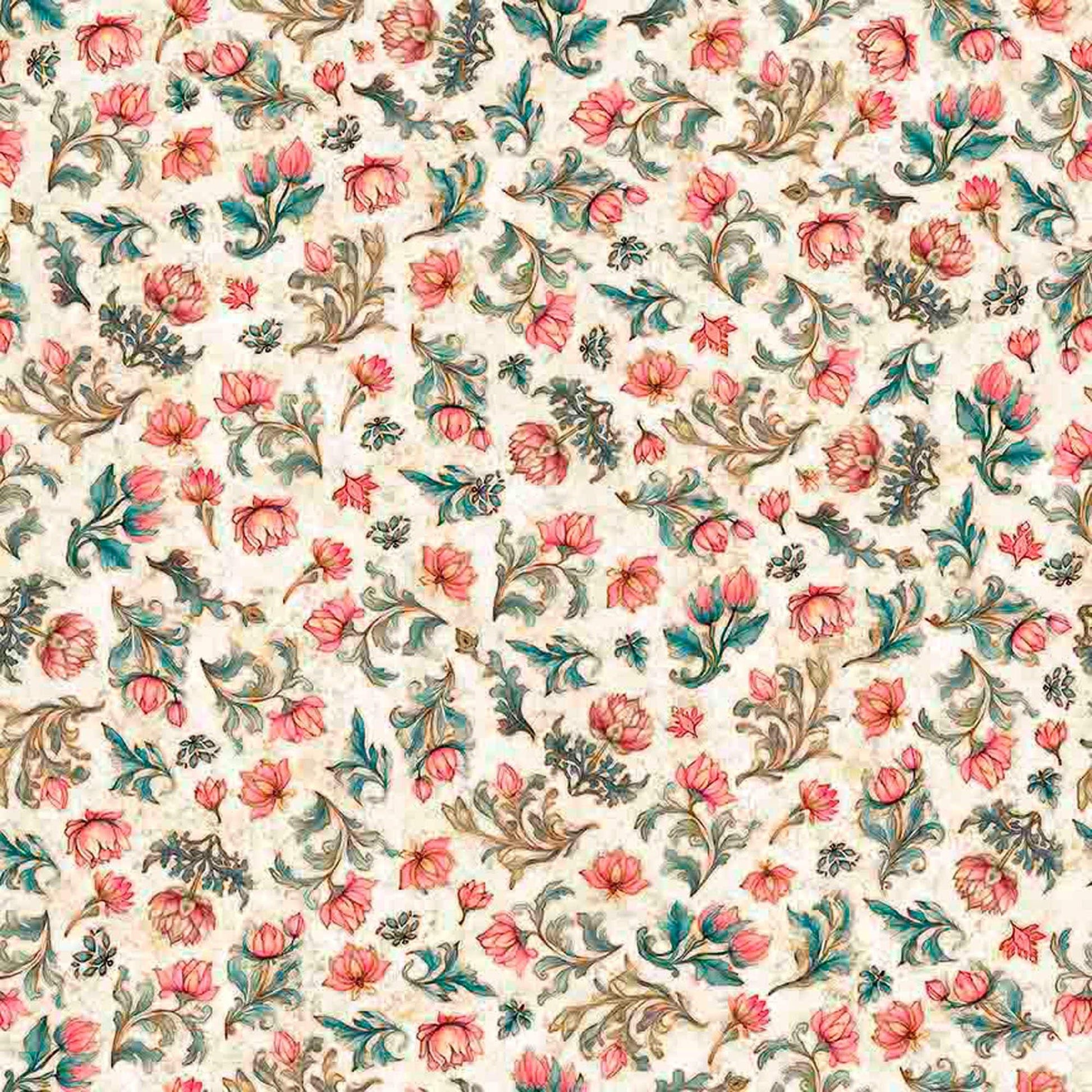 Image of Serenity Lotus Flower Toss Oatmeal quilting cotton fabric by Morris Creative Group for QT Fabrics. Features flowers on a cream background. Cute Little Fabric Shop