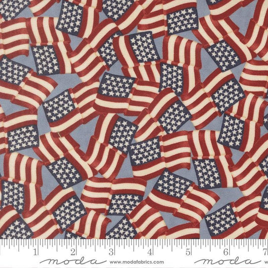 Image of America 250 Years Flags Steel Blue quilting cotton fabric by Deb Strain for Moda Fabrics. Features flags on a blue background. Cute Little Fabric Shop.
