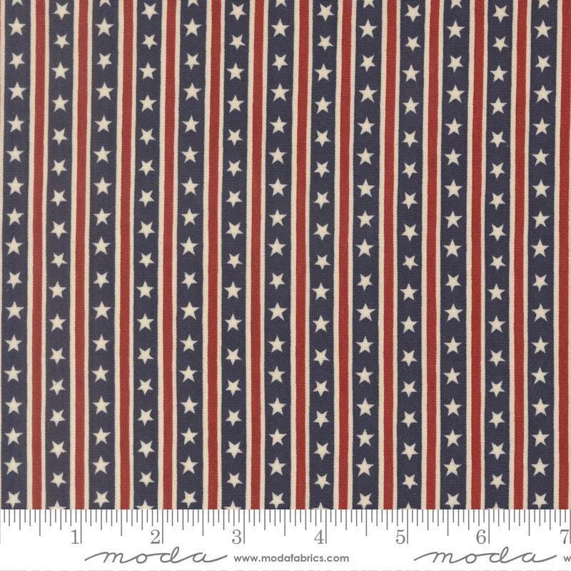Image of America 250 Years Stars in Stripes Loyalty Blue quilting cotton fabric by Deb Strain for Moda Fabrics. Features stars and stripes on a blue background. Cute Little Fabric Shop.