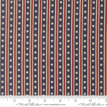 Image of America 250 Years Stars in Stripes Loyalty Blue quilting cotton fabric by Deb Strain for Moda Fabrics. Features stars and stripes on a blue background. Cute Little Fabric Shop.