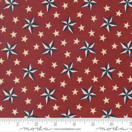 Image of America 250 Years Tossed Stars Brave Crimson quilting cotton fabric by Deb Strain for Moda Fabrics. Features stars on a red background. Cute Little Fabric Shop.