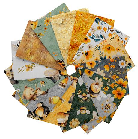 Buzz, Buzz, Buzz Fat Quarter Bundle Bee Fabric - FATQU BZBZ 3PKH - 14-pieces Precut - QT Fabrics Quilting Cotton Fabric