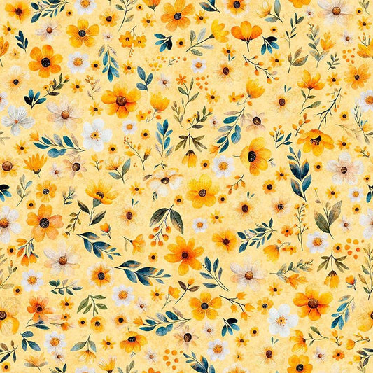 Image of Buzz, Buzz, Buzz Floral Light Yellow quilting cotton fabric by Morris Creative Group for QT Fabrics. Features flowers on a yellow background. Cute Little Fabric Shop.