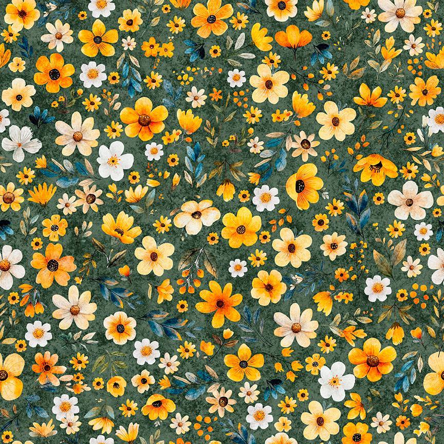 Image of Buzz, Buzz, Buzz Floral Juniper quilting cotton fabric by Morris Creative Group for QT Fabrics. Features flowers on a green background. Cute Little Fabric Shop.