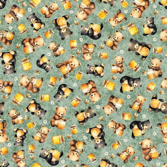 Image of Buzz, Buzz, Buzz Bears & Honey Sage quilting cotton fabric by Morris Creative Group for QT Fabrics. Features bears on a green background. Cute Little Fabric Shop.