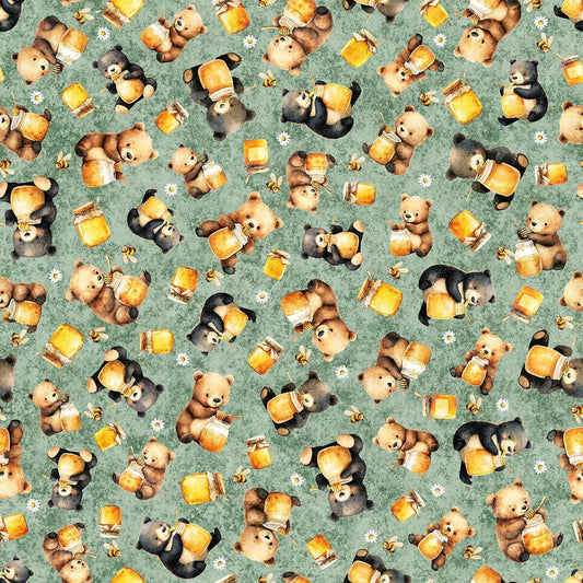 Image of Buzz, Buzz, Buzz Bears & Honey Sage quilting cotton fabric by Morris Creative Group for QT Fabrics. Features bears on a green background. Cute Little Fabric Shop.