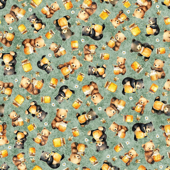 Image of Buzz, Buzz, Buzz Bears & Honey Sage quilting cotton fabric by Morris Creative Group for QT Fabrics. Features bears on a green background. Cute Little Fabric Shop.