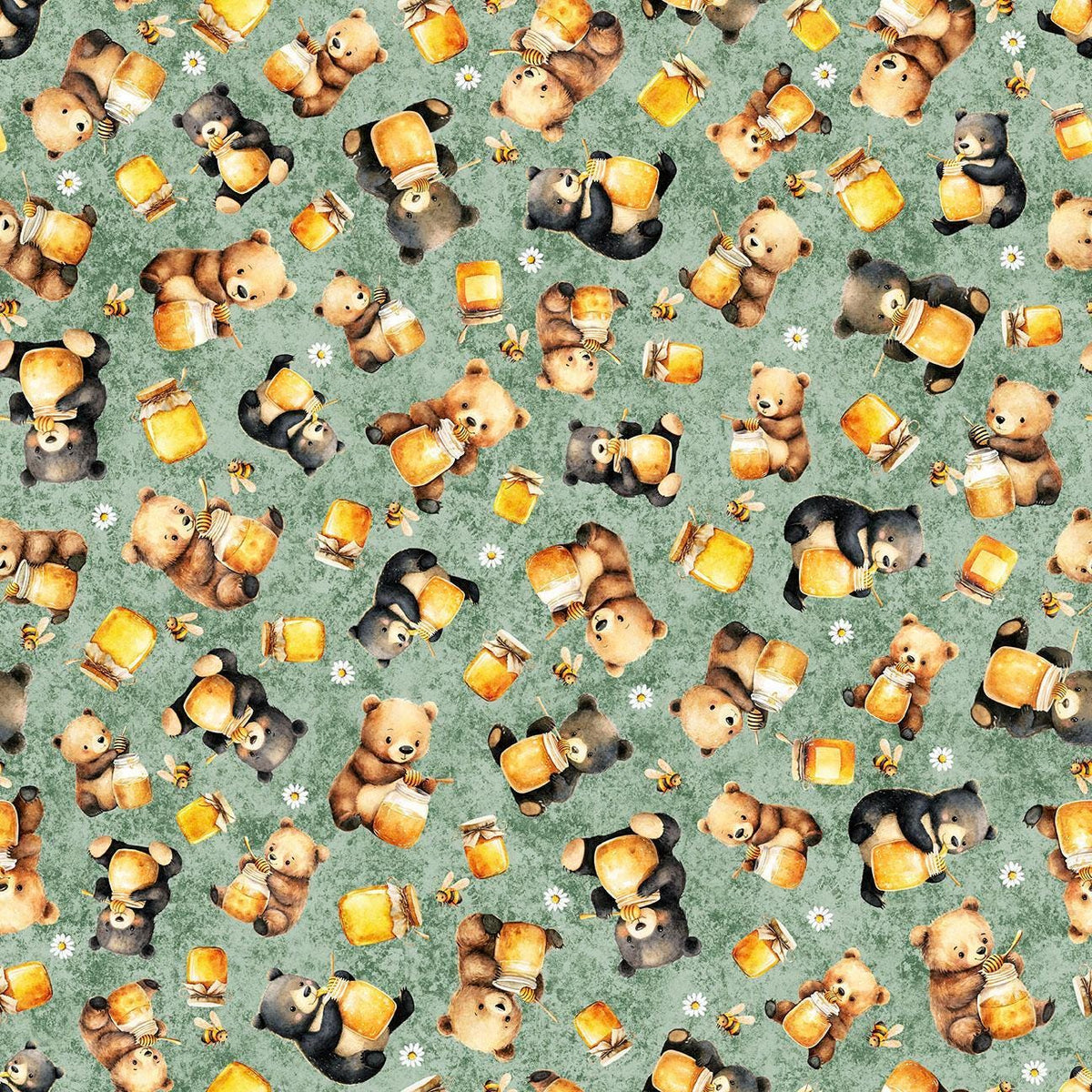 Image of Buzz, Buzz, Buzz Bears & Honey Sage quilting cotton fabric by Morris Creative Group for QT Fabrics. Features bears on a green background. Cute Little Fabric Shop.