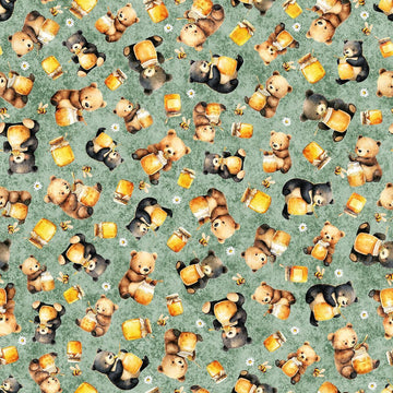 Image of Buzz, Buzz, Buzz Bears & Honey Sage quilting cotton fabric by Morris Creative Group for QT Fabrics. Features bears on a green background. Cute Little Fabric Shop.