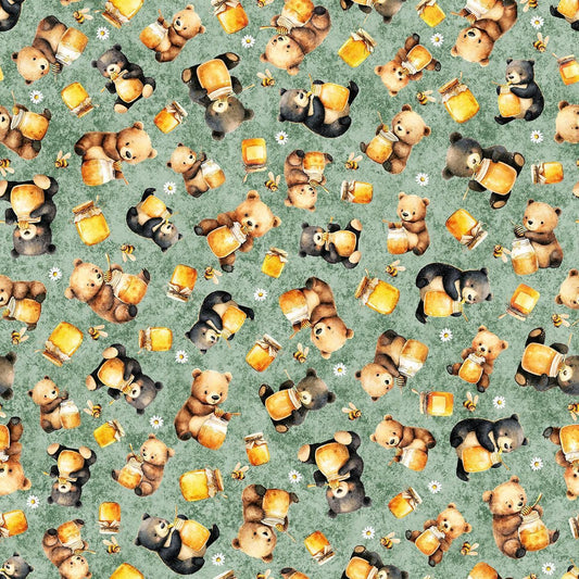 Image of Buzz, Buzz, Buzz Bears & Honey Sage quilting cotton fabric by Morris Creative Group for QT Fabrics. Features bears on a green background. Cute Little Fabric Shop.