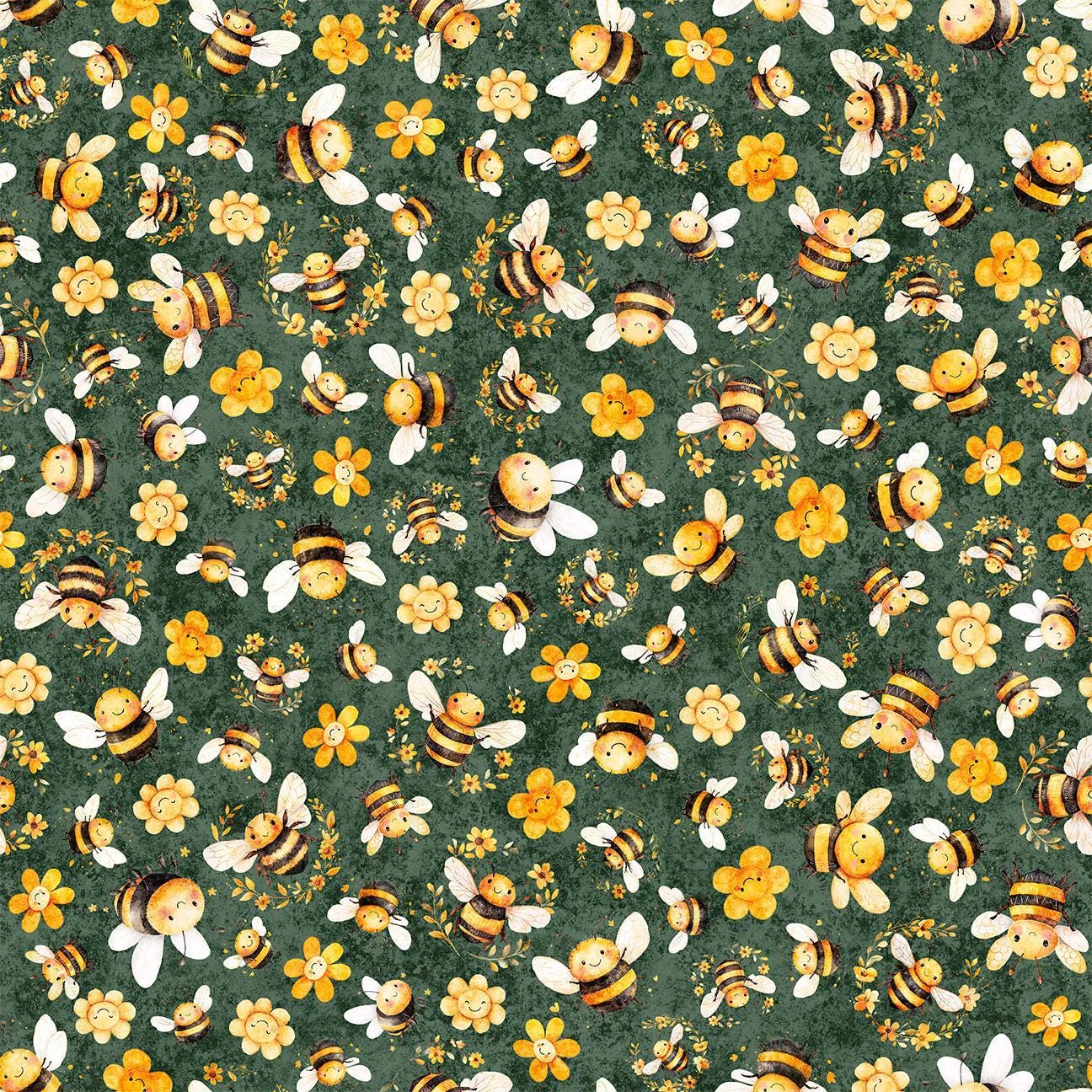 Image of Buzz, Buzz, Buzz Bee & Floral Toss Juniper quilting cotton fabric by Morris Creative Group for QT Fabrics. Features flowers and bees on a green background. Cute Little Fabric Shop.