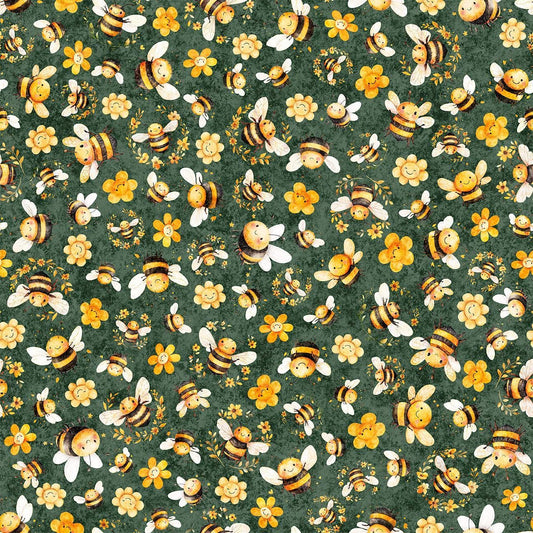 Image of Buzz, Buzz, Buzz Bee & Floral Toss Juniper quilting cotton fabric by Morris Creative Group for QT Fabrics. Features flowers and bees on a green background. Cute Little Fabric Shop.