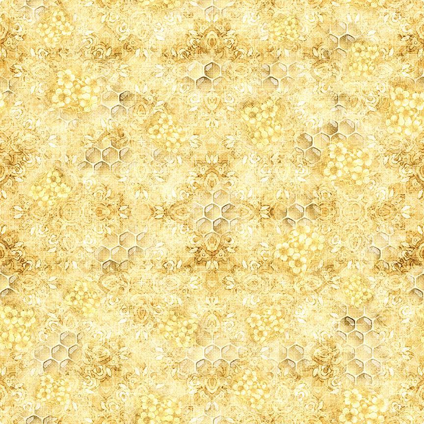 Image of Buzz, Buzz, Buzz Honeycomb Blender Maize quilting cotton fabric by Morris Creative Group for QT Fabrics. Features flowers on a yellow background. Cute Little Fabric Shop.