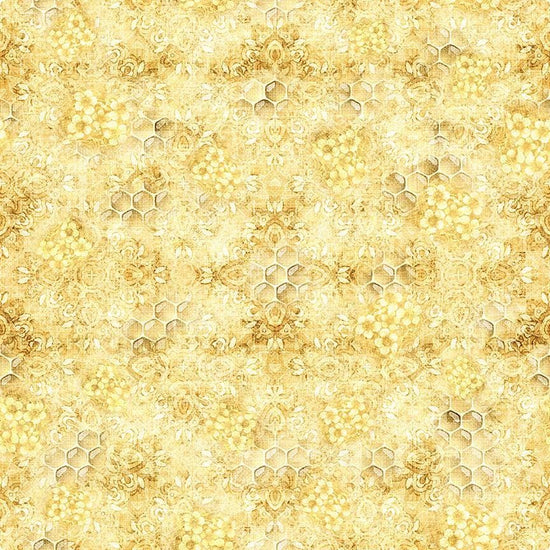 Image of Buzz, Buzz, Buzz Honeycomb Blender Maize quilting cotton fabric by Morris Creative Group for QT Fabrics. Features flowers on a yellow background. Cute Little Fabric Shop.