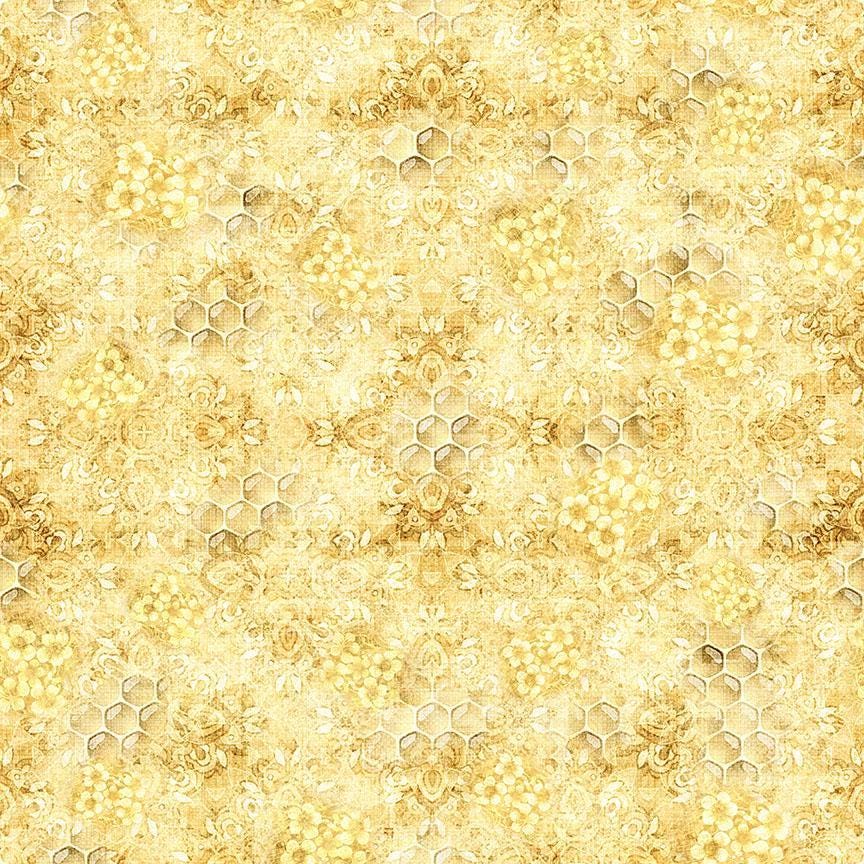 Image of Buzz, Buzz, Buzz Honeycomb Blender Maize quilting cotton fabric by Morris Creative Group for QT Fabrics. Features flowers on a yellow background. Cute Little Fabric Shop.