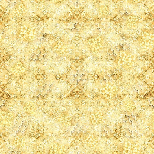 Image of Buzz, Buzz, Buzz Honeycomb Blender Maize quilting cotton fabric by Morris Creative Group for QT Fabrics. Features flowers on a yellow background. Cute Little Fabric Shop.