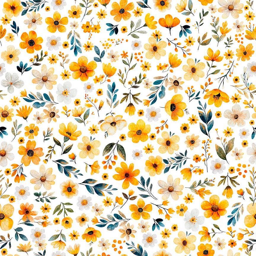 Image of Buzz, Buzz, Buzz Floral White quilting cotton fabric by Morris Creative Group for QT Fabrics. Features flowers on a white background. Cute Little Fabric Shop.
