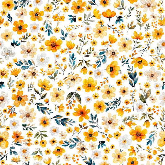 Image of Buzz, Buzz, Buzz Floral White quilting cotton fabric by Morris Creative Group for QT Fabrics. Features flowers on a white background. Cute Little Fabric Shop.