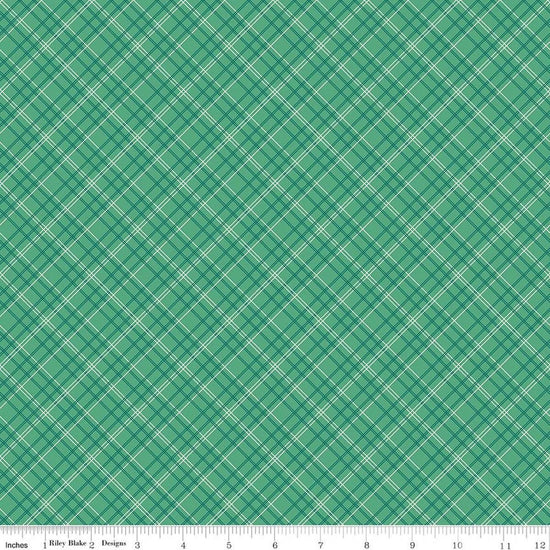 Image of Berry & Sage Plaid Alpine quilting cotton fabric by Lori Holt for Riley Blake Designs. Features plaid on a green background. Cute Little Fabric Shop.