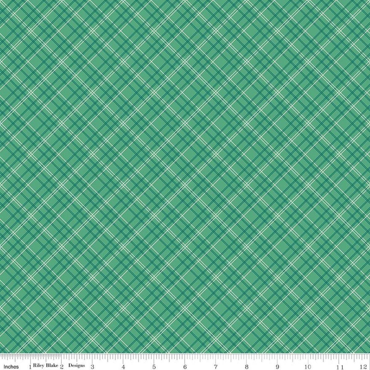 Image of Berry & Sage Plaid Alpine quilting cotton fabric by Lori Holt for Riley Blake Designs. Features plaid on a green background. Cute Little Fabric Shop.
