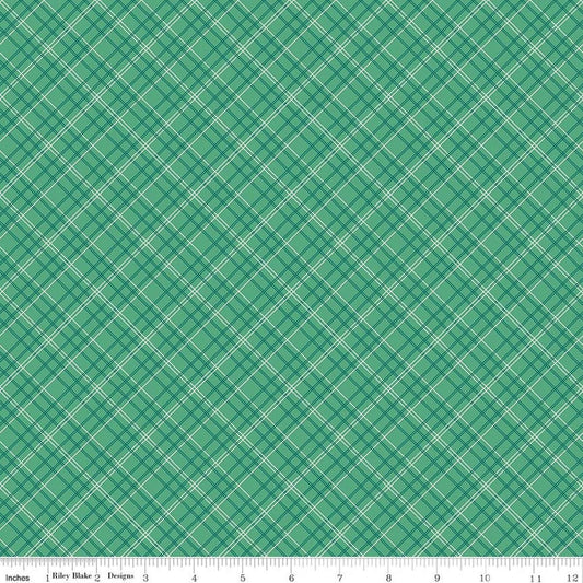 Image of Berry & Sage Plaid Alpine quilting cotton fabric by Lori Holt for Riley Blake Designs. Features plaid on a green background. Cute Little Fabric Shop.
