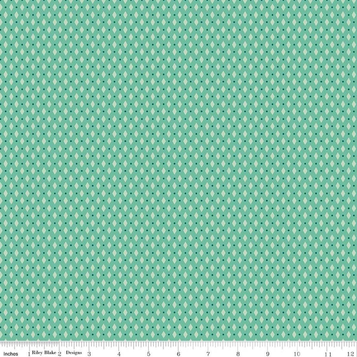 Image of Berry & Sage Diamonds Leaf quilting cotton fabric by Lori Holt for Riley Blake Designs. Features a geometric pattern on a green background. Cute Little Fabric Shop.