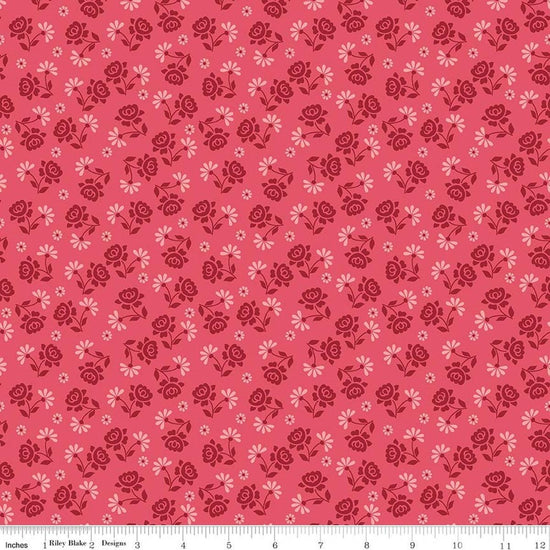 Image of Berry & Sage Roses Tea Rose quilting cotton fabric by Lori Holt for Riley Blake Designs. Features flowers on a pink background. Cute Little Fabric Shop.