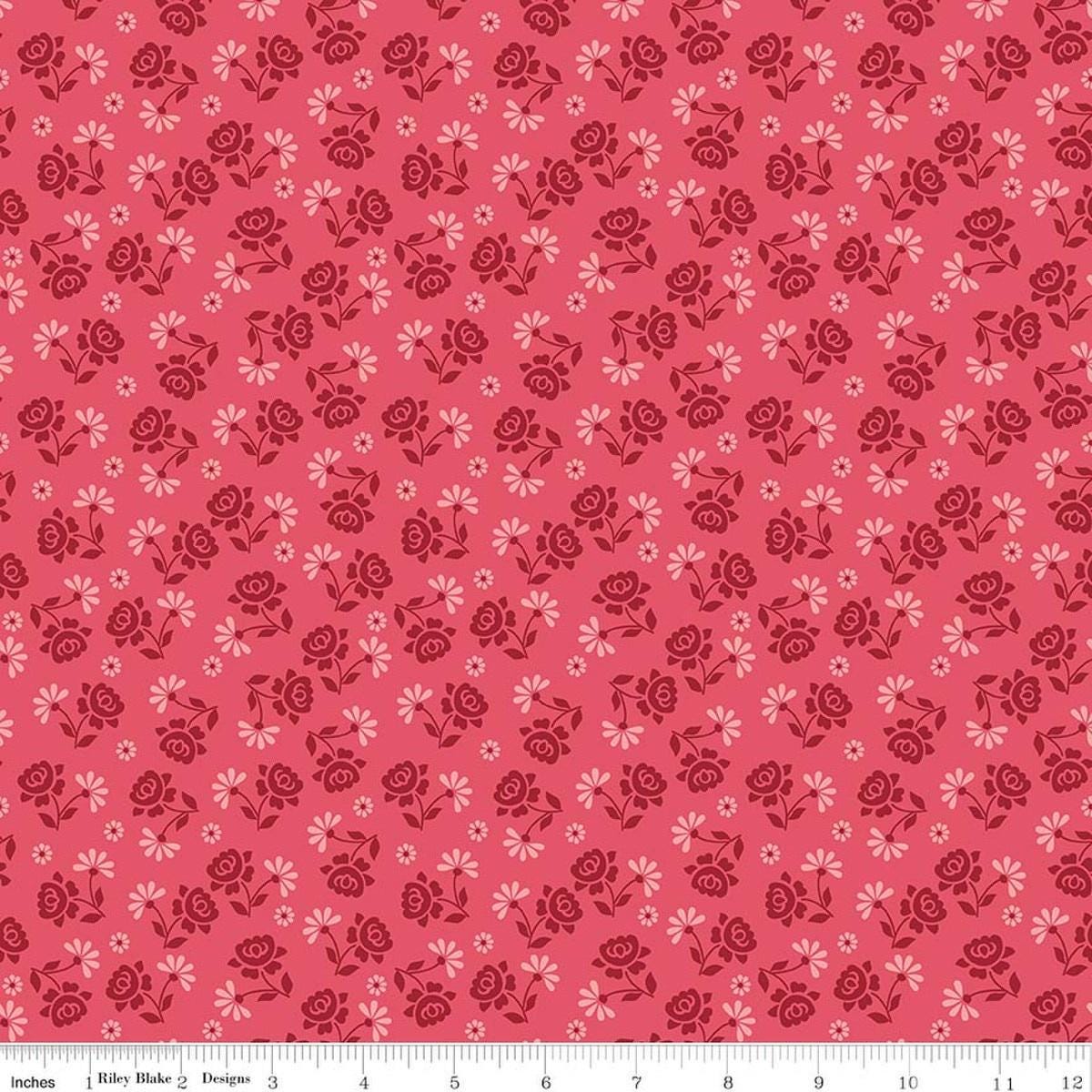 Image of Berry & Sage Roses Tea Rose quilting cotton fabric by Lori Holt for Riley Blake Designs. Features flowers on a pink background. Cute Little Fabric Shop.