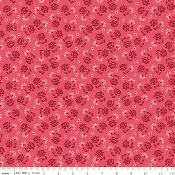 Image of Berry & Sage Roses Tea Rose quilting cotton fabric by Lori Holt for Riley Blake Designs. Features flowers on a pink background. Cute Little Fabric Shop.