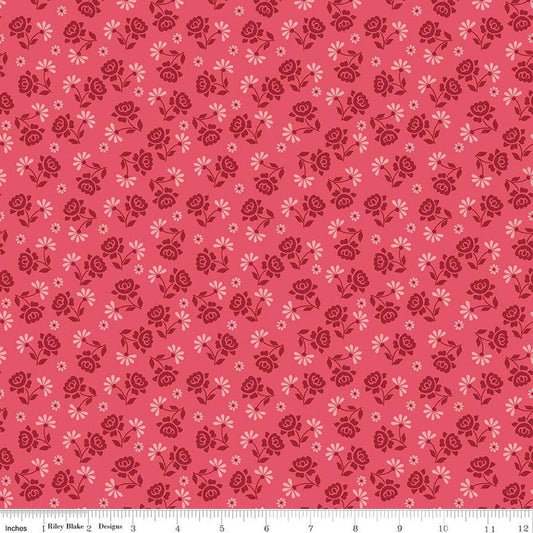 Image of Berry & Sage Roses Tea Rose quilting cotton fabric by Lori Holt for Riley Blake Designs. Features flowers on a pink background. Cute Little Fabric Shop.
