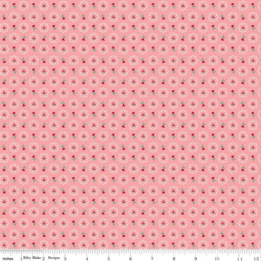 Image of Berry & Sage Heritage Coral quilting cotton fabric by Lori Holt for Riley Blake Designs. Features flowers on a pink background. Cute Little Fabric Shop.