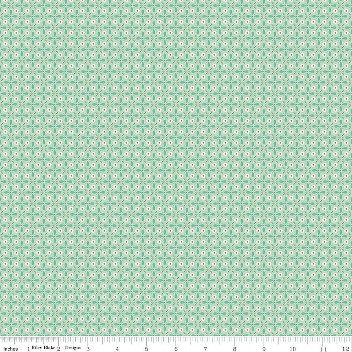 Image of Berry & Sage Vintage Sage quilting cotton fabric by Lori Holt for Riley Blake Designs. Features flowers on a green background. Cute Little Fabric Shop.