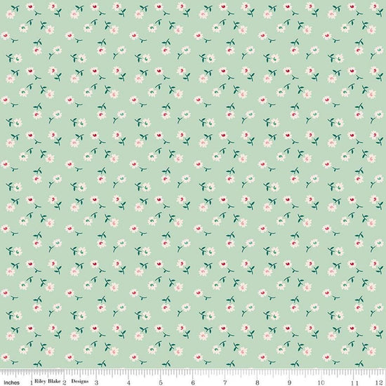 Image of Berry & Sage Daisy Sage quilting cotton fabric by Lori Holt for Riley Blake Designs. Features flowers on a green background. Cute Little Fabric Shop.