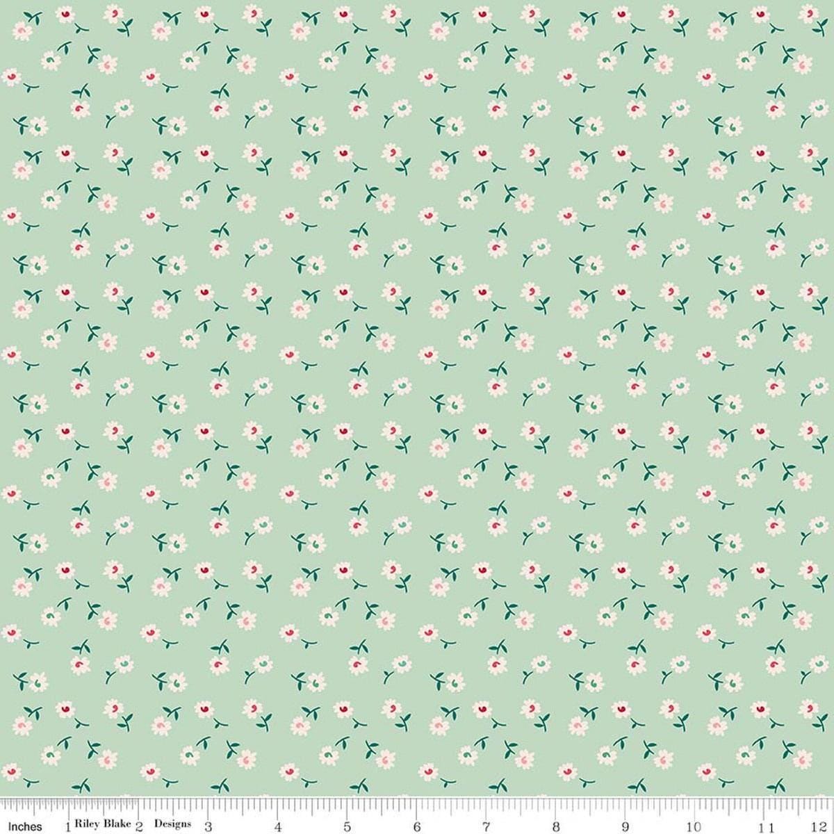 Image of Berry & Sage Daisy Sage quilting cotton fabric by Lori Holt for Riley Blake Designs. Features flowers on a green background. Cute Little Fabric Shop.