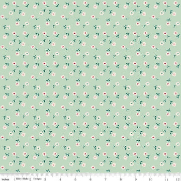 Image of Berry & Sage Daisy Sage quilting cotton fabric by Lori Holt for Riley Blake Designs. Features flowers on a green background. Cute Little Fabric Shop.