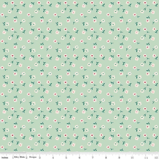 Image of Berry & Sage Daisy Sage quilting cotton fabric by Lori Holt for Riley Blake Designs. Features flowers on a green background. Cute Little Fabric Shop.