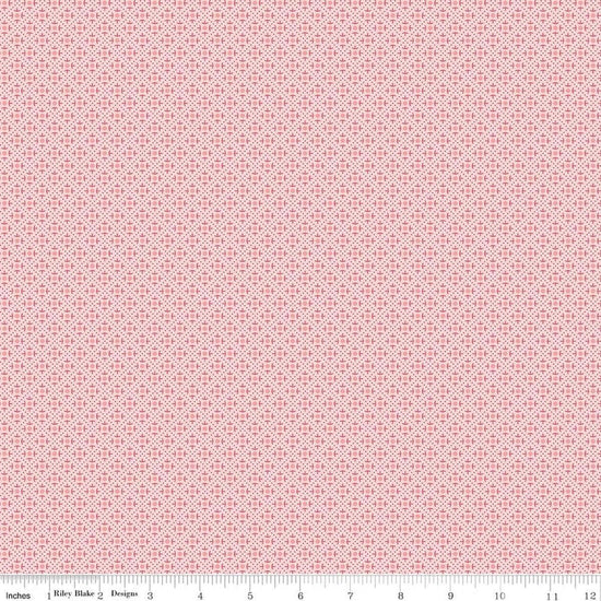 Image of Berry & Sage Lace Frosting quilting cotton fabric by Lori Holt for Riley Blake Designs. Features a geometric pattern on a pink background. Cute Little Fabric Shop.