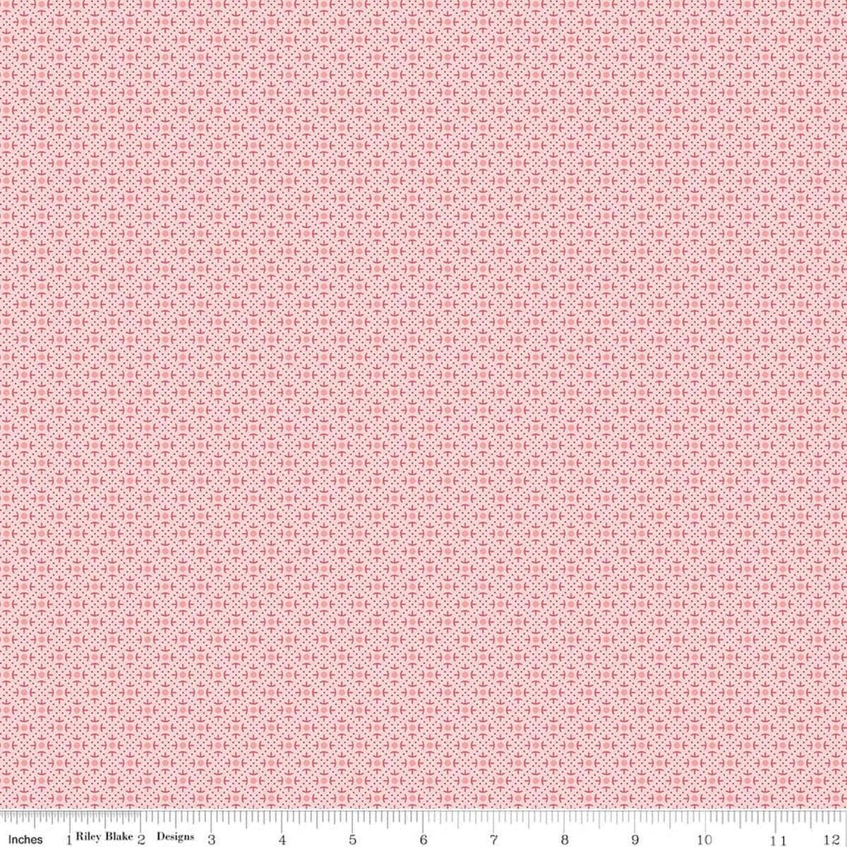 Image of Berry & Sage Lace Frosting quilting cotton fabric by Lori Holt for Riley Blake Designs. Features a geometric pattern on a pink background. Cute Little Fabric Shop.