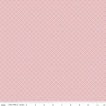 Image of Berry & Sage Lace Frosting quilting cotton fabric by Lori Holt for Riley Blake Designs. Features a geometric pattern on a pink background. Cute Little Fabric Shop.