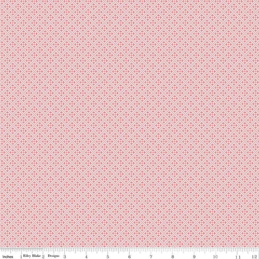 Image of Berry & Sage Lace Frosting quilting cotton fabric by Lori Holt for Riley Blake Designs. Features a geometric pattern on a pink background. Cute Little Fabric Shop.